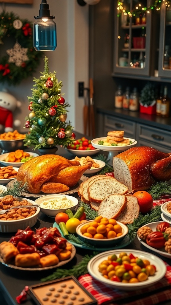 A beautifully arranged Christmas dinner table with roasted turkey, ham, and festive decorations.